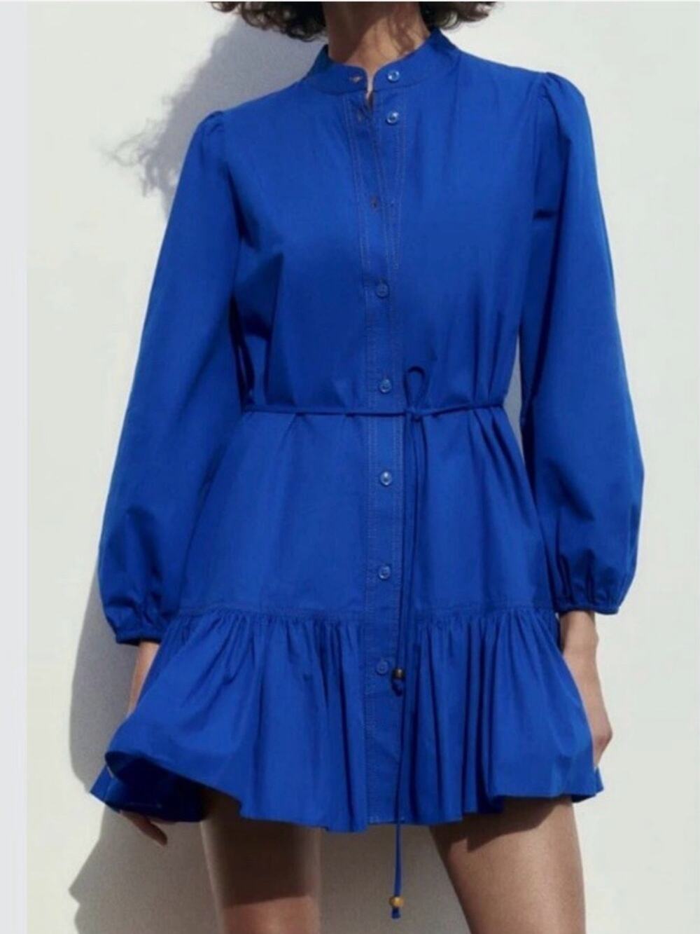 Zara Cobalt Blue Button-Front Tiered Mini Dress